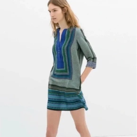 Zara Dresses & Skirts - Zara women casual dress Moroccan style blue green printed lightweight size large